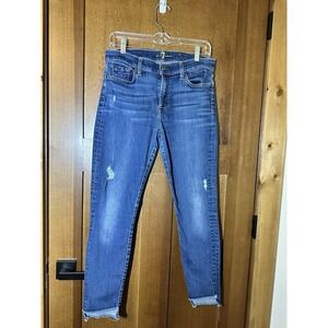 7 For All Mankind The Skinny Jeans Women's 29 Distressed Raw Hem Ankle Blue